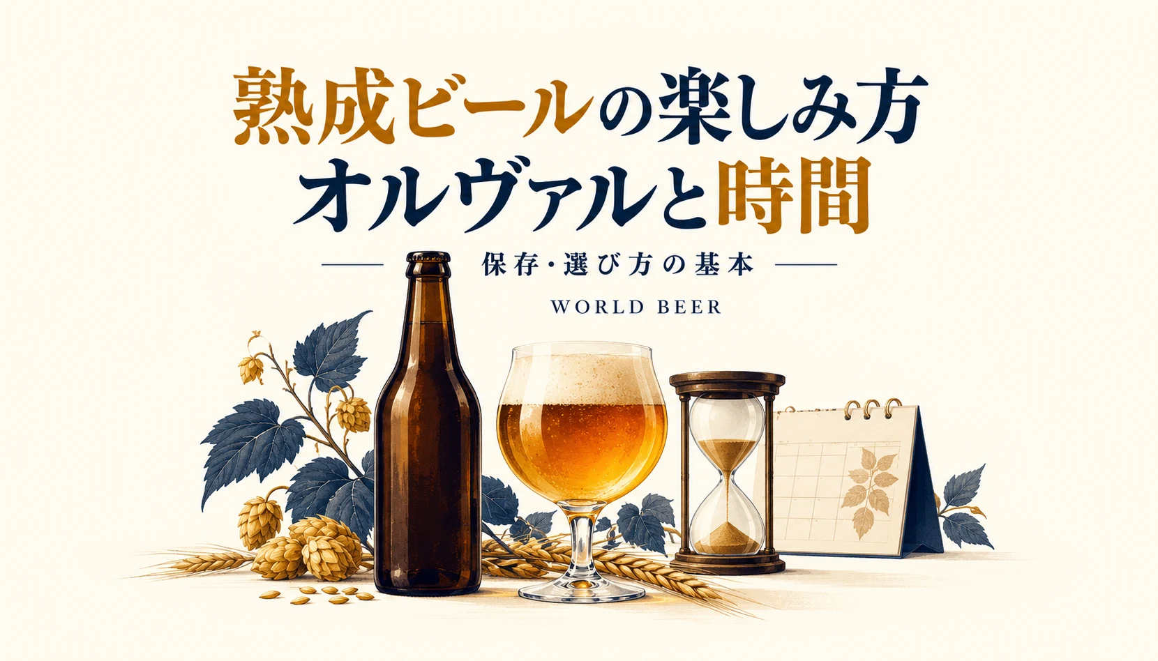 時計とビールをモチーフにした熟成の概念イラスト