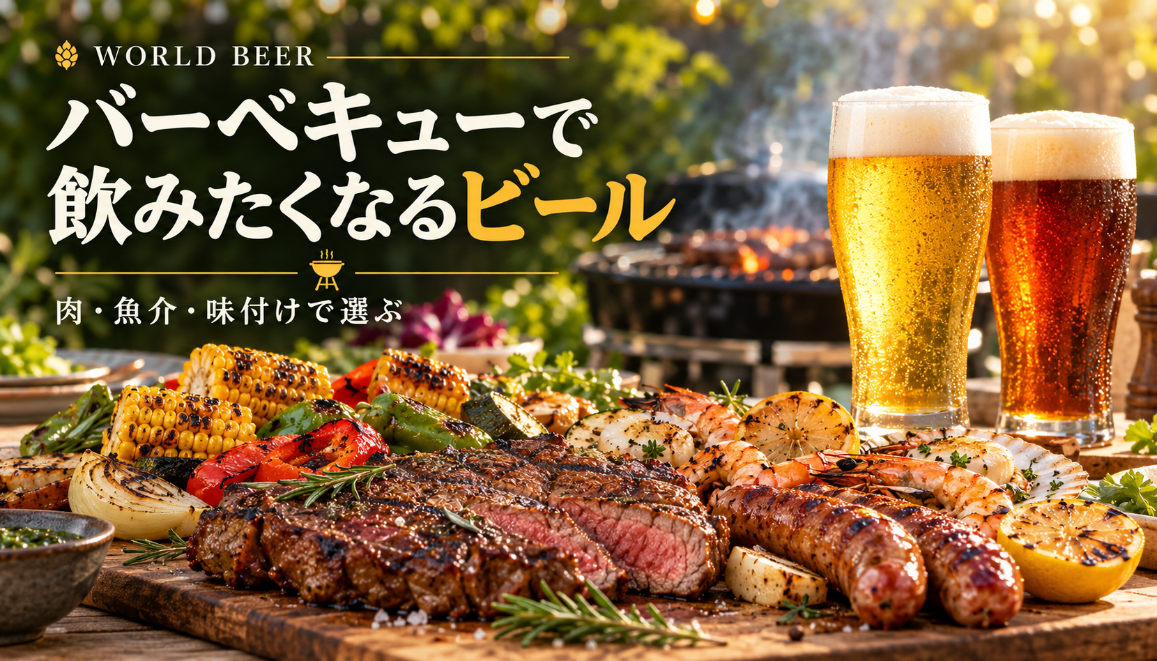 バーベキューで飲みたくなるビール。焼いた肉・魚介・野菜と黄金色と琥珀色のビールの生成イメージ