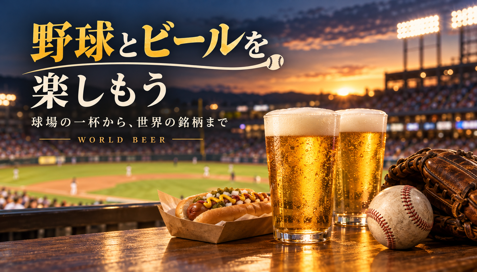野球とビールを楽しもう。夕暮れの球場を背景にビールとホットドッグ、ボールとグラブ