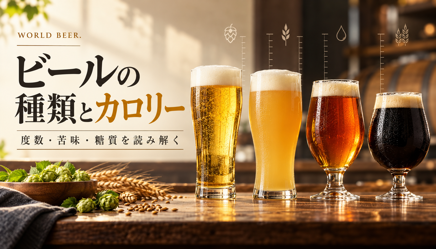 ビールの種類とカロリー。淡色ラガー、小麦ビール、琥珀色のエール、黒いスタウトを並べたグラス