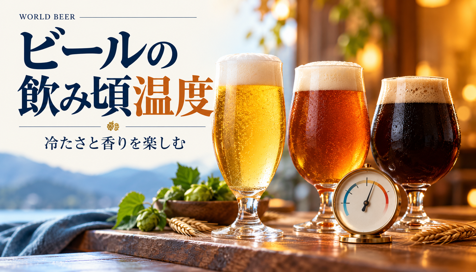 ビールの飲み頃温度。淡色・琥珀色・濃色のグラスと温度計を描いたイメージ