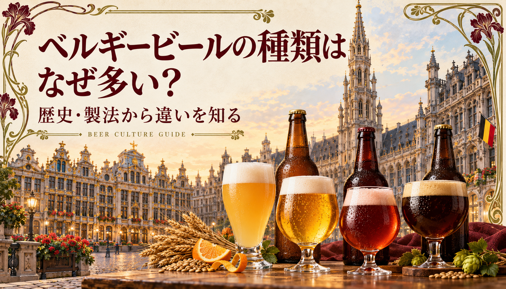 ベルギーの街並みと、白・金色・赤褐色・濃褐色のビールを描いた記事のキャッチ画像