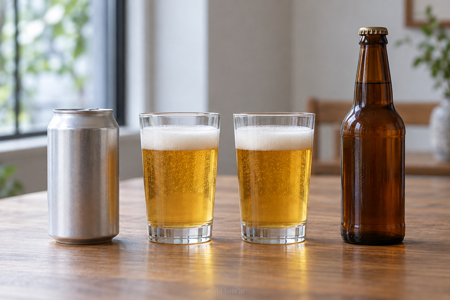 銀色の缶と茶色瓶、同じ形の2つのグラスに注いだビール
