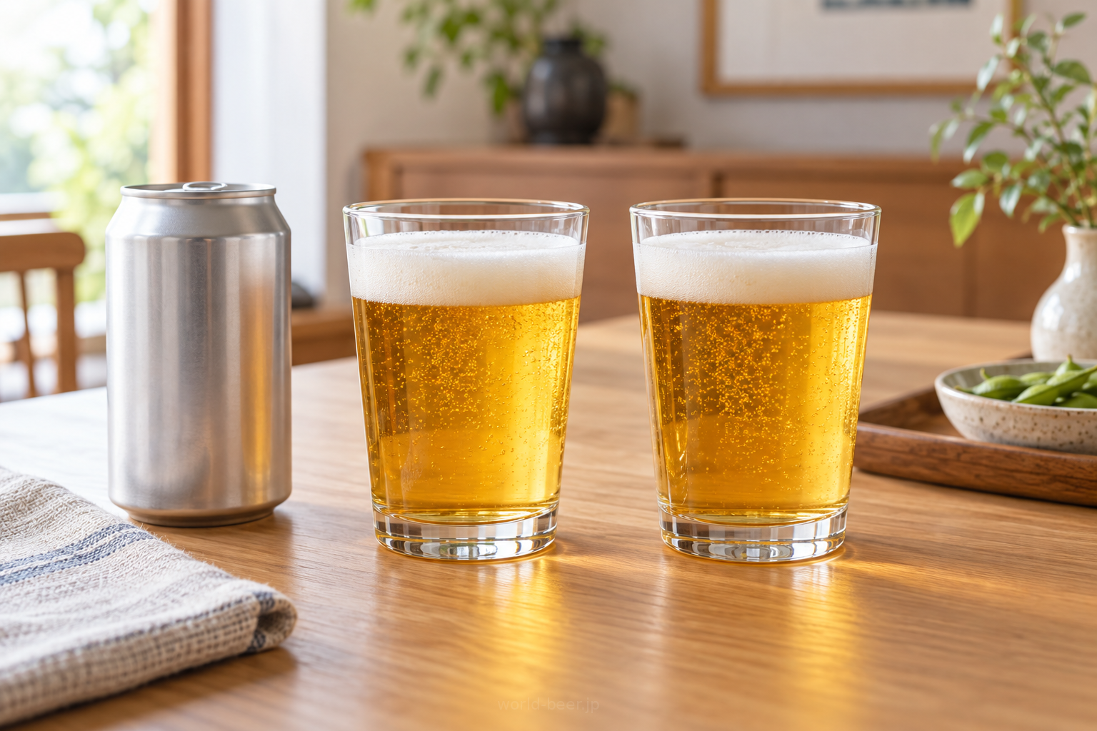 缶ビールと、同じ形のグラスに注いだ黄金色のビール