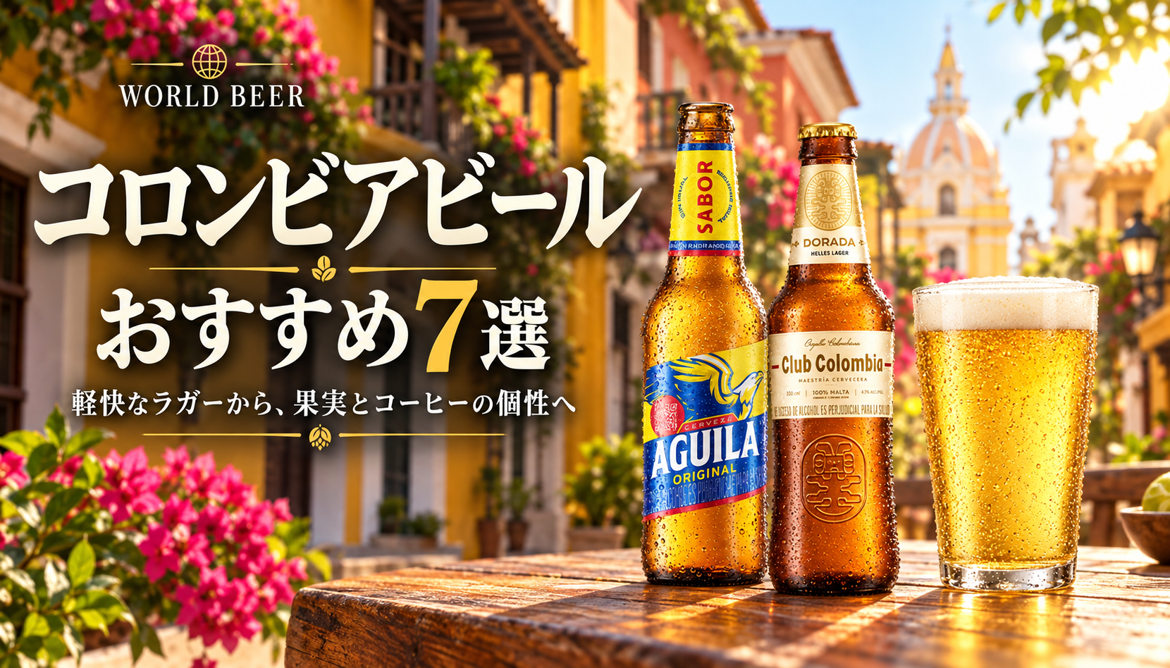 コロンビアビールおすすめ7選。アギラとクラブ・コロンビアの瓶、黄金色のビールと明るい街並み