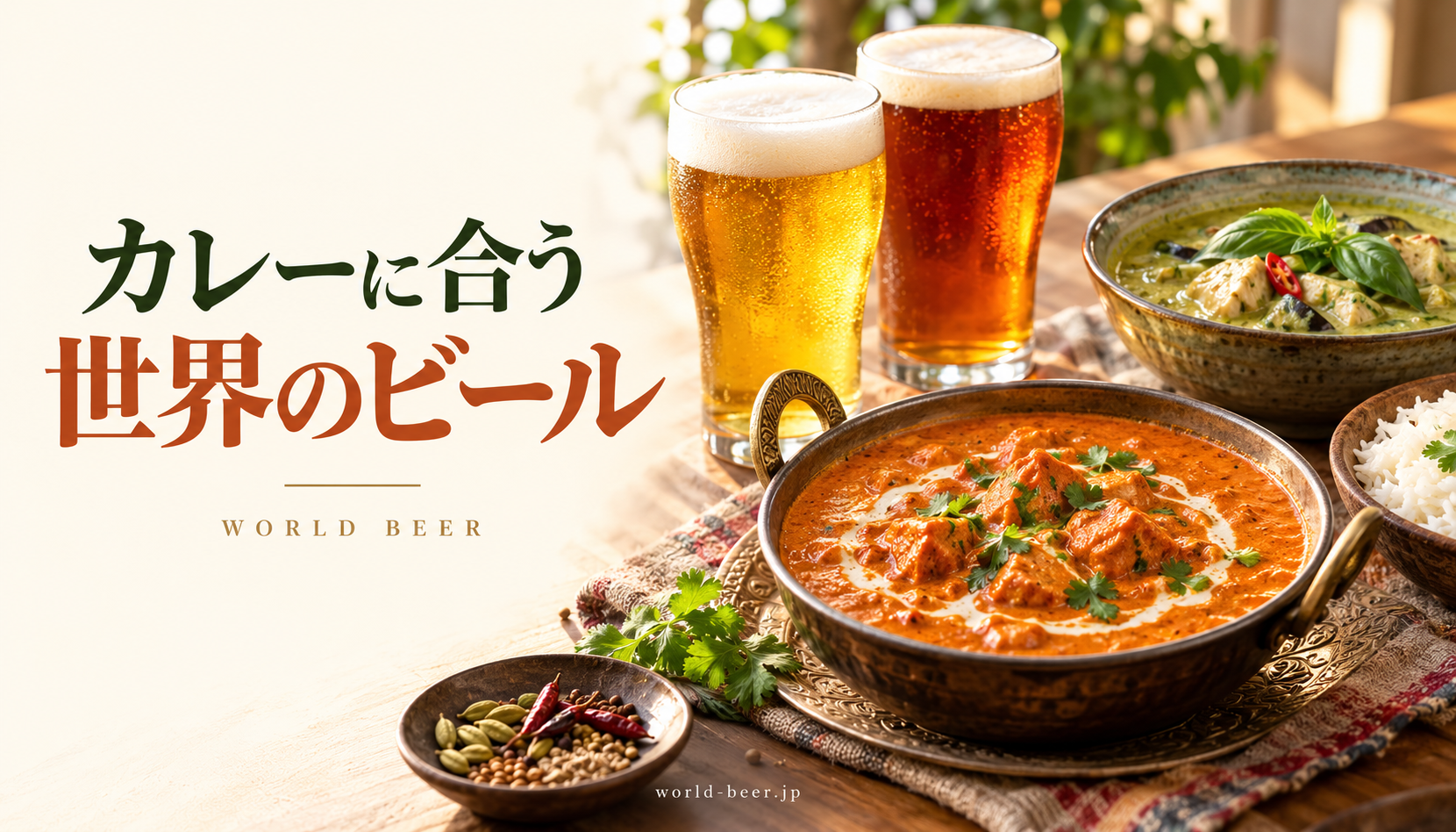 カレーに合う世界のビール。バターチキンとグリーンカレー、ビールのグラス