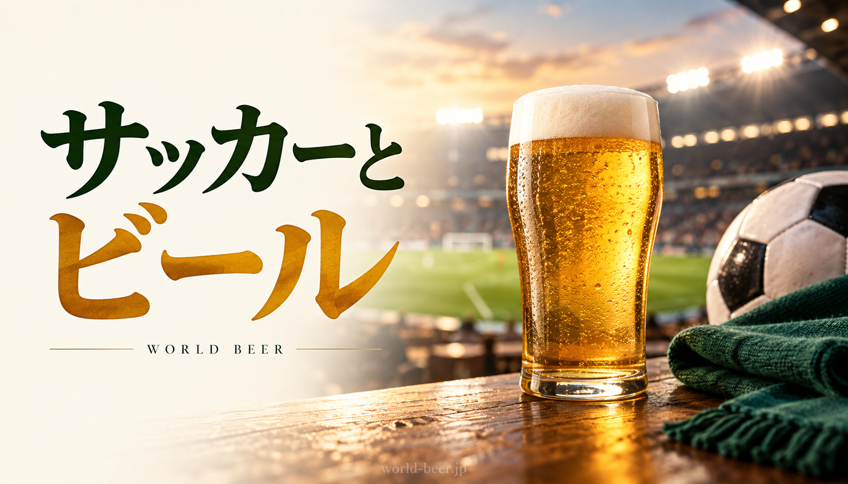 サッカーとビールの文字、黄金色のビール、ボールと緑のマフラーを描いた生成イメージ