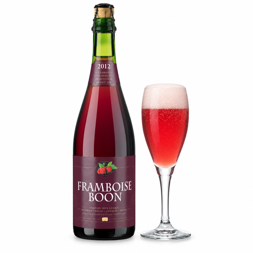 ブーン フランボワーズのラベル付き容器とビール