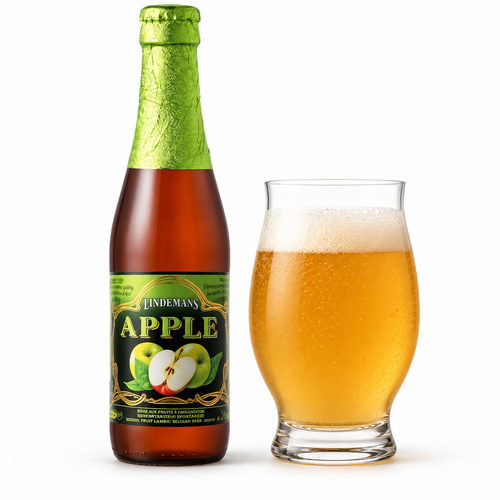 リンデマンス アップルのラベル付き容器とビール