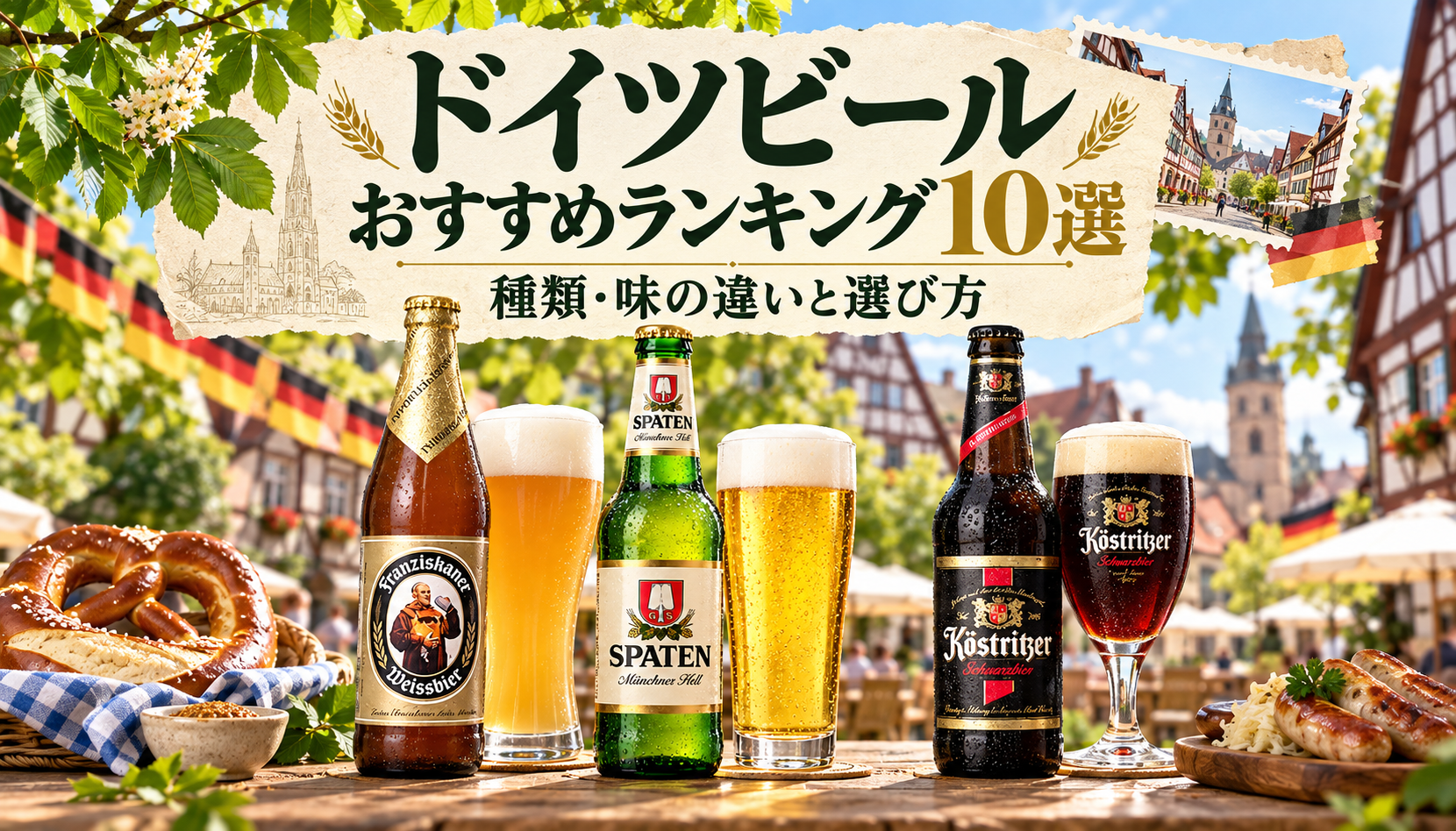 ドイツビールおすすめランキング10選。木組みの街並みとドイツ料理、白・淡色・黒のビールを描いたイメージ