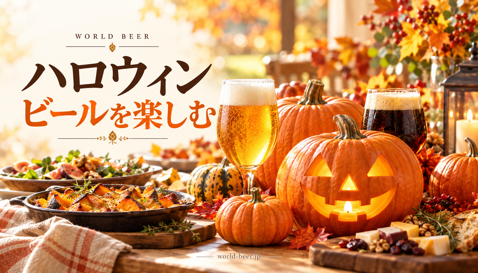 ハロウィン ビールを楽しむの文字と、大きなかぼちゃ、ビールを描いた明るい秋の食卓
