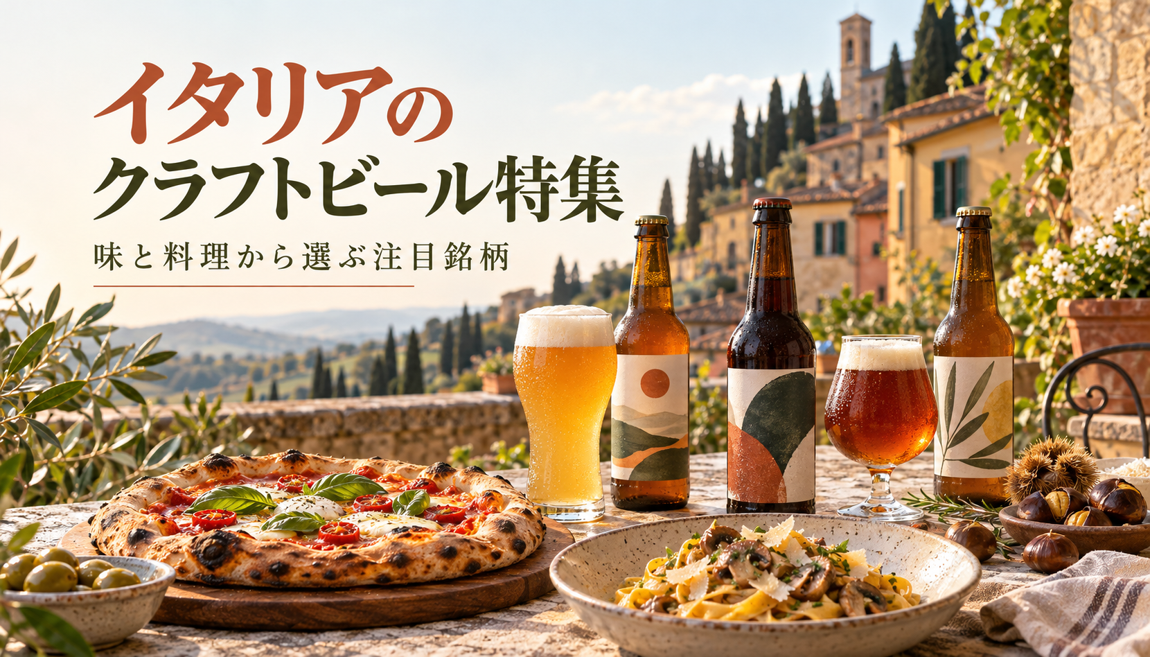 イタリアの街並みを背景に、ビールの瓶とグラス、ピザとパスタを並べた食卓の生成イメージ