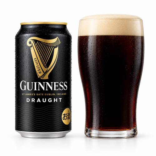 ドラフトギネスの缶と黒いビールを注いだグラス