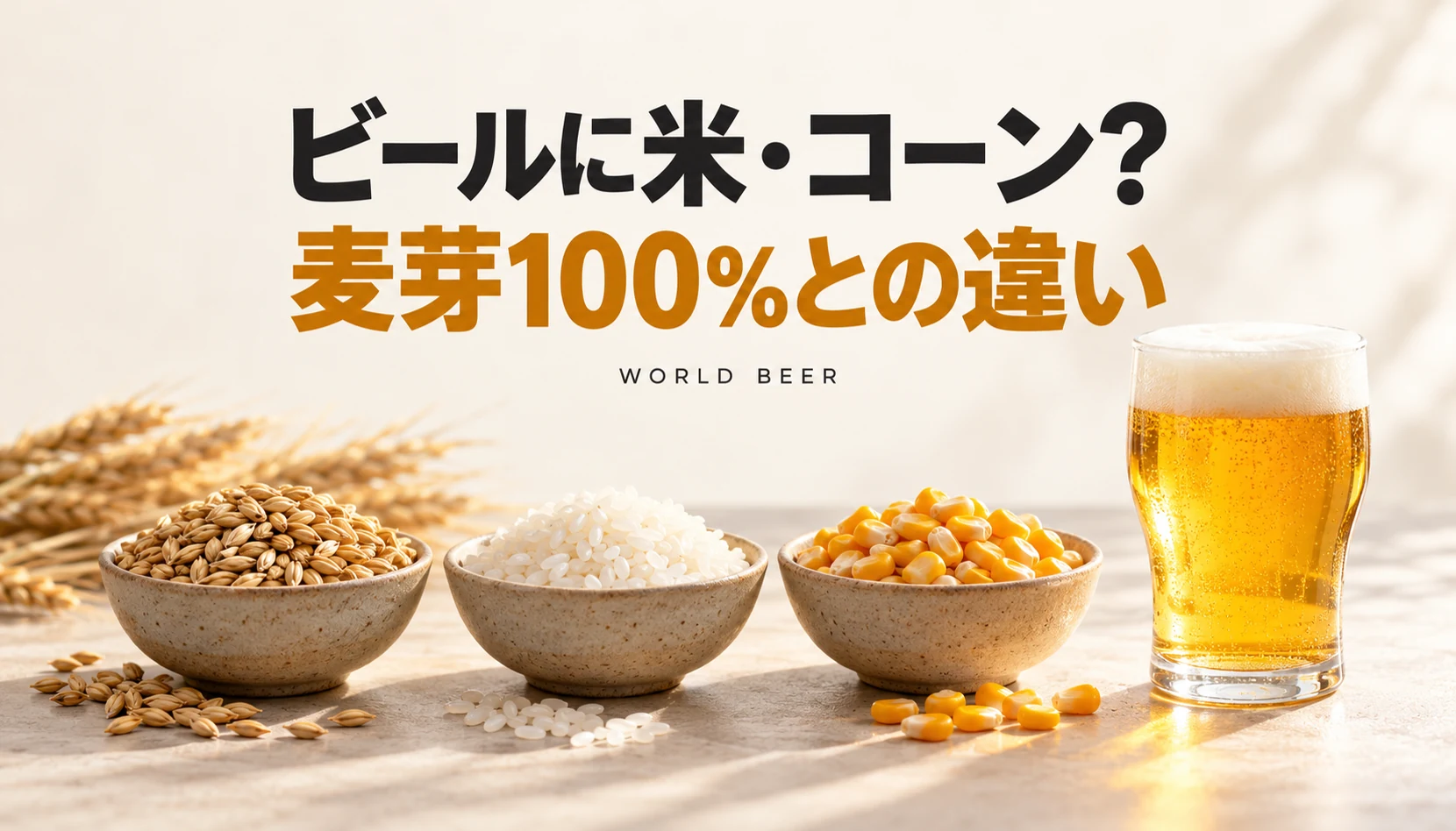 麦芽・米・コーンとビールのグラスを並べた原材料のイメージ