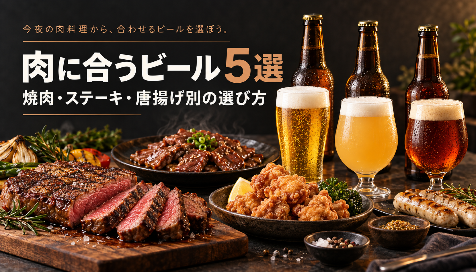 焼き目のあるステーキ、焼肉、唐揚げとビールの食卓