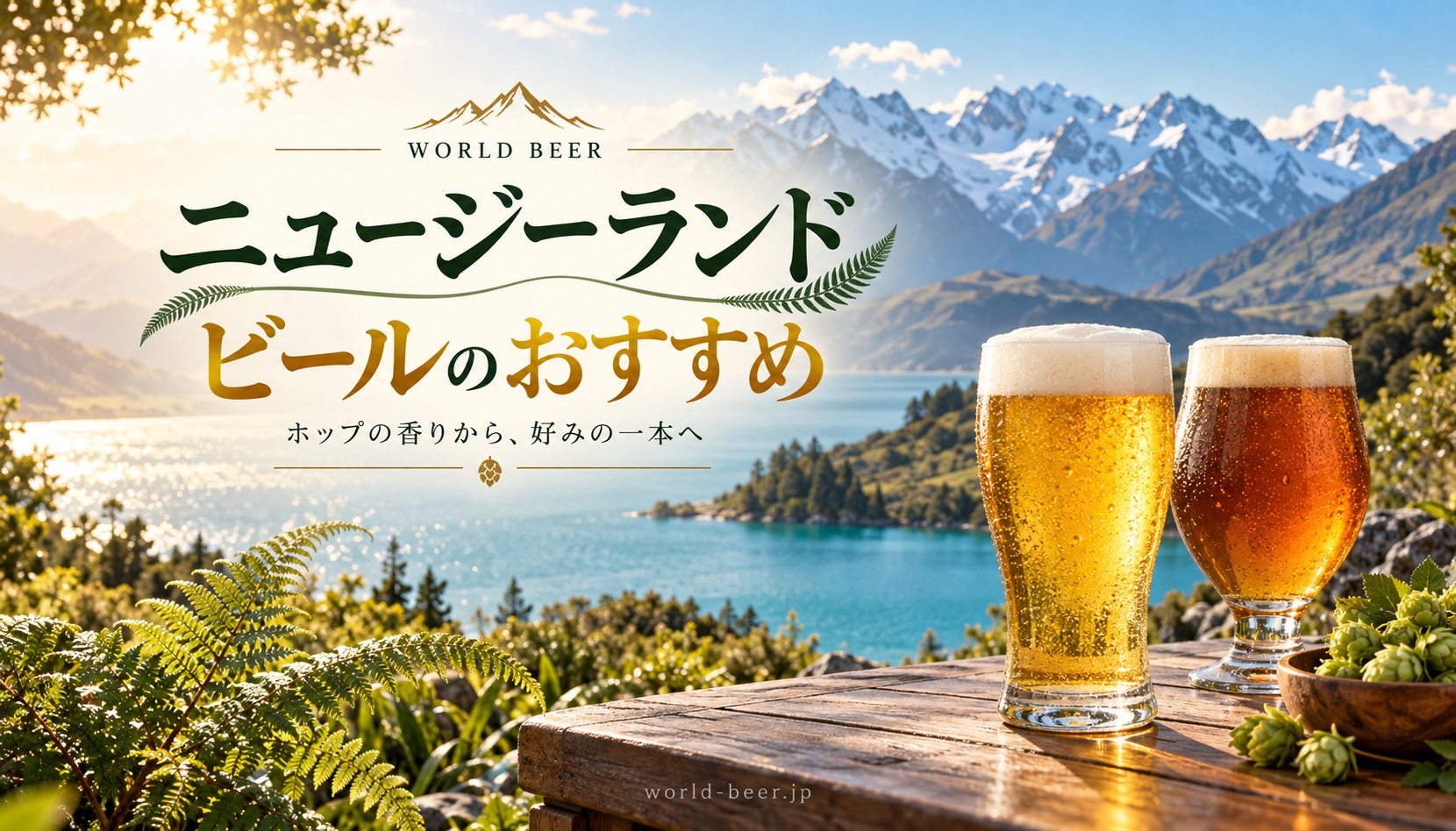 ニュージーランドの山と湖、ビールを描いたおすすめ記事の生成キャッチ画像
