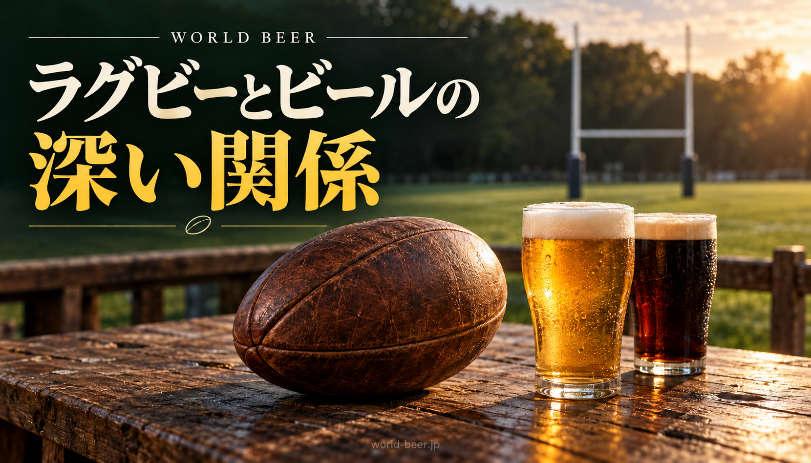 ラグビーとビールの深い関係。ラグビーボールとビール、緑のピッチを組み合わせた生成イメージ