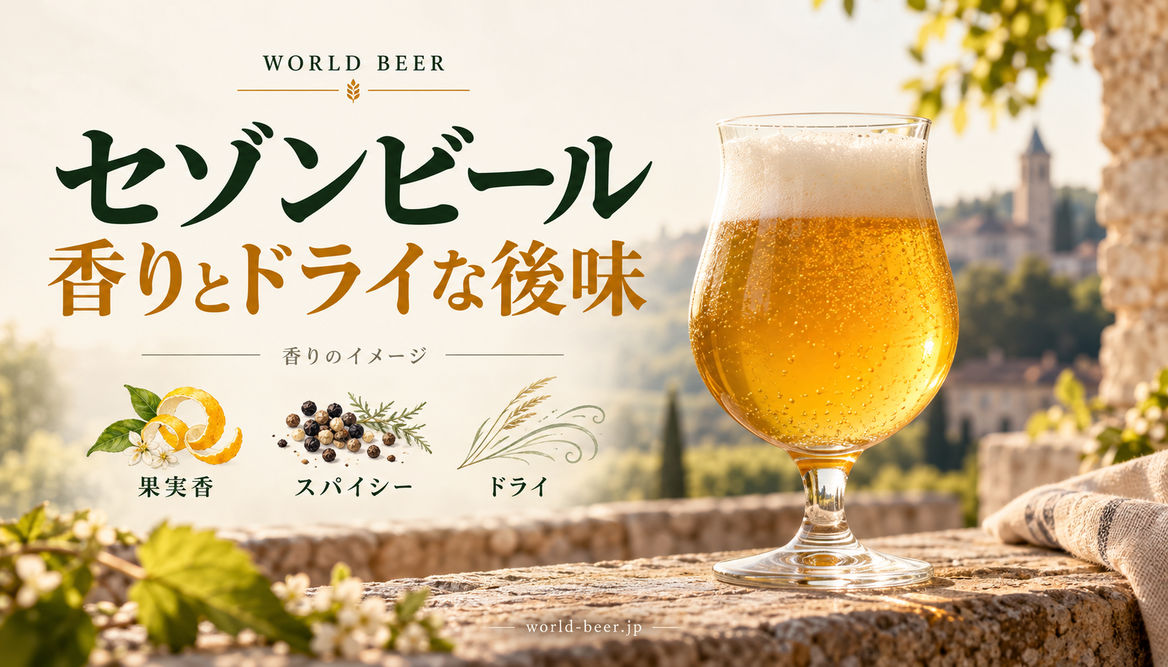セゾンビールの果実香、スパイシーな香り、ドライな後味を示すグラスと香りのイメージ