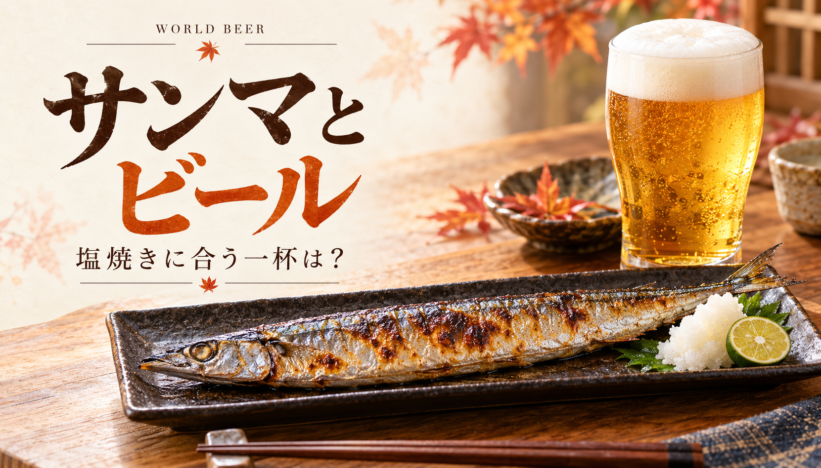サンマとビール。すだちと大根おろしを添えた塩焼きと黄金色のビールの生成イメージ