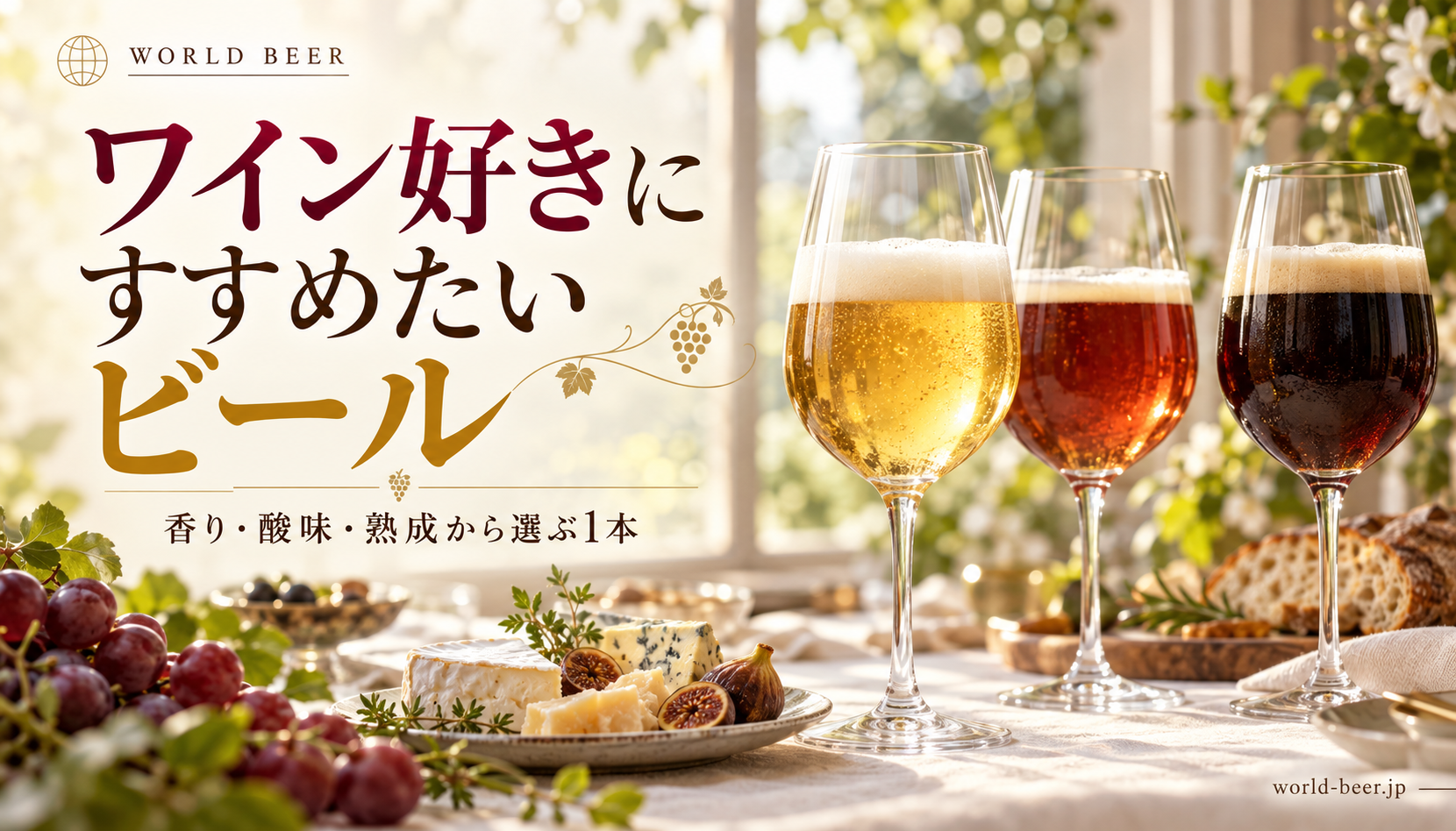 ワイン好きにすすめたいビール。ワイングラスのビールとチーズ、ブドウを並べた食卓の生成イメージ