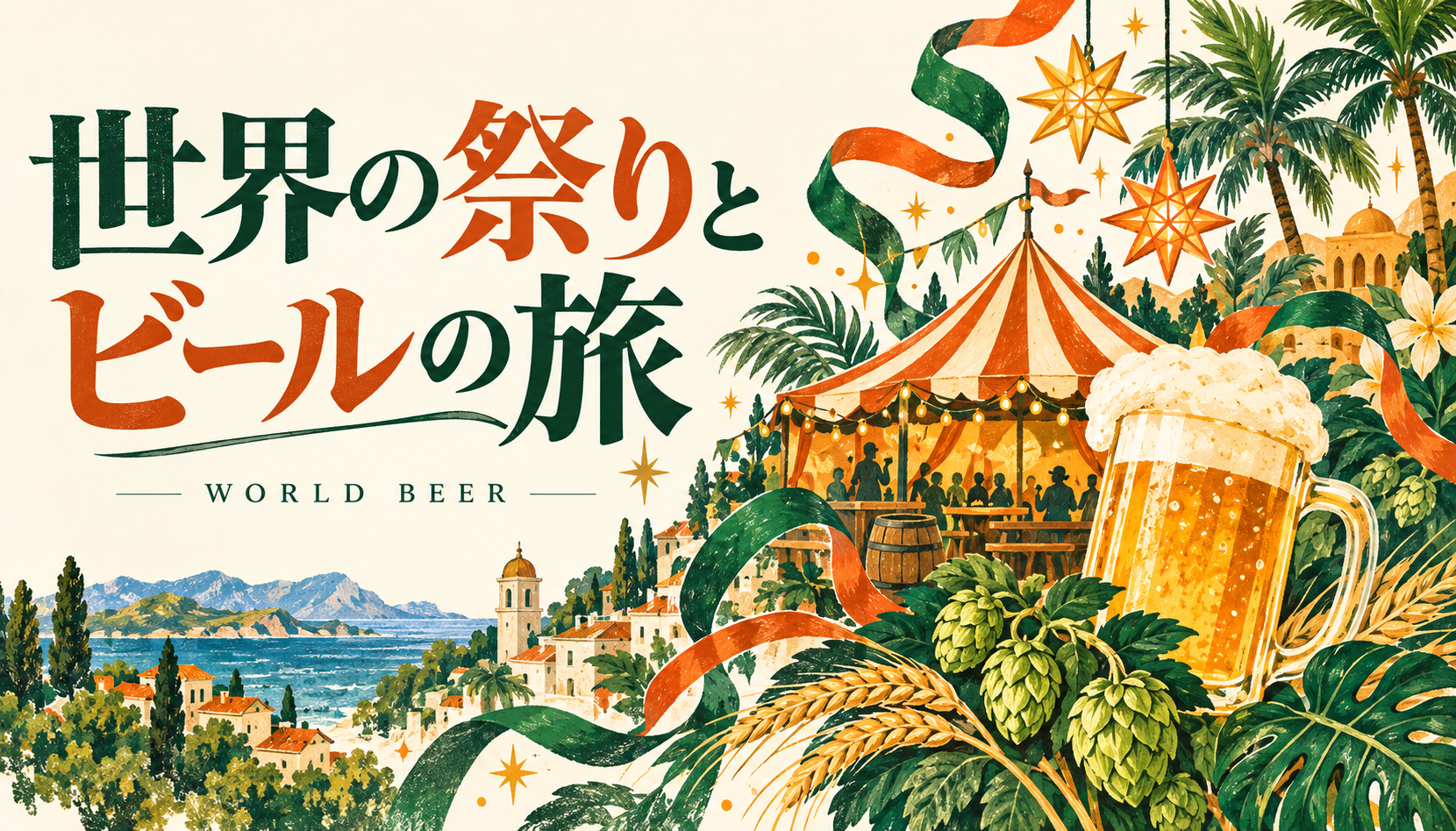 世界の祭りとビールの旅。テント、ホップ、ジョッキと季節の飾りのイラスト