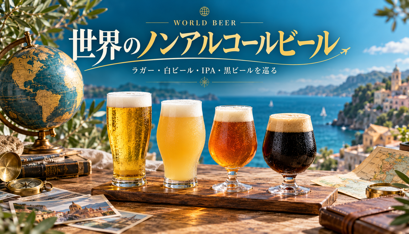 世界のノンアルコールビール。地球儀とラガー・白ビール・琥珀色・黒ビールの4杯