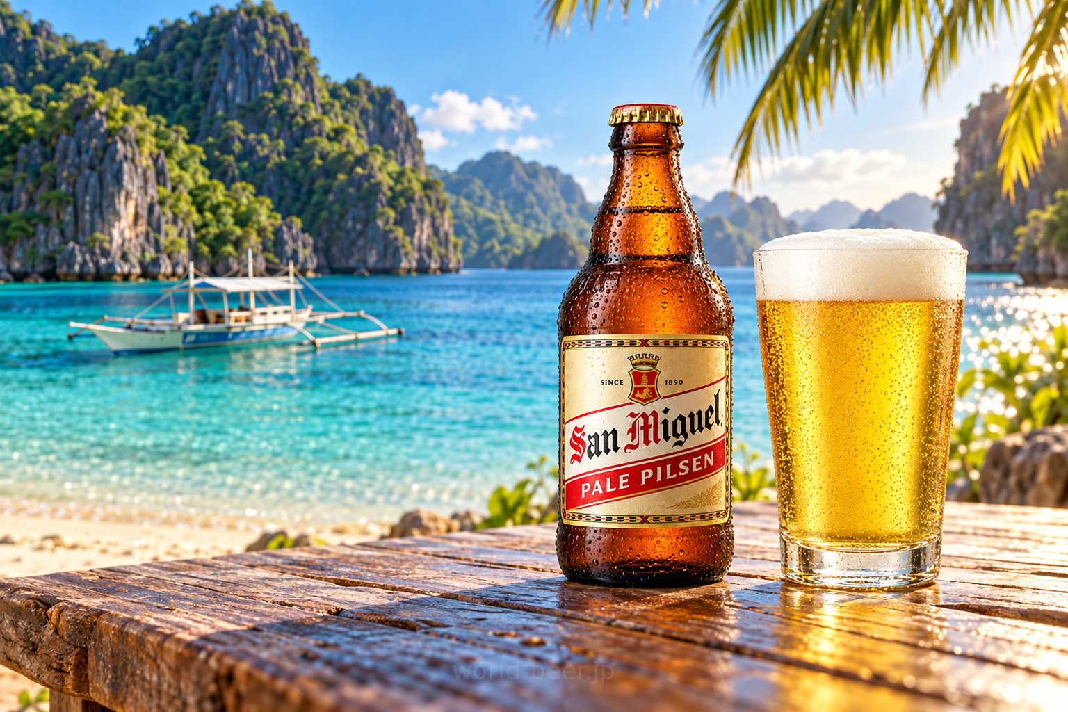 フィリピンの海とバンカ船を背景にしたサンミゲルの瓶と黄金色のビール(生成イメージ)