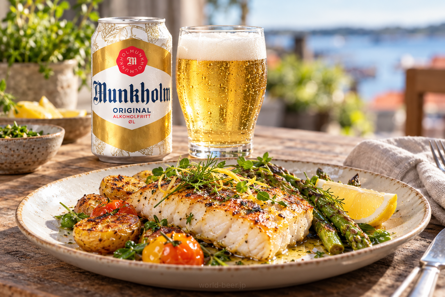 ノルウェーのムンクホルム オリジナルと料理(生成イメージ)