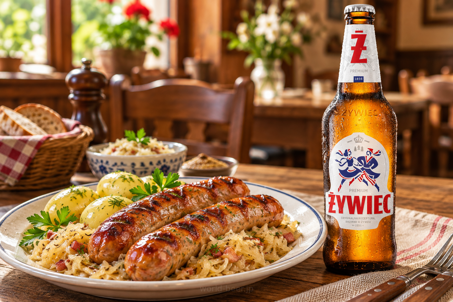 ポーランドのジヴィエツ ヤスネ・ペウネと焼きソーセージの料理ペアリング(生成イメージ)