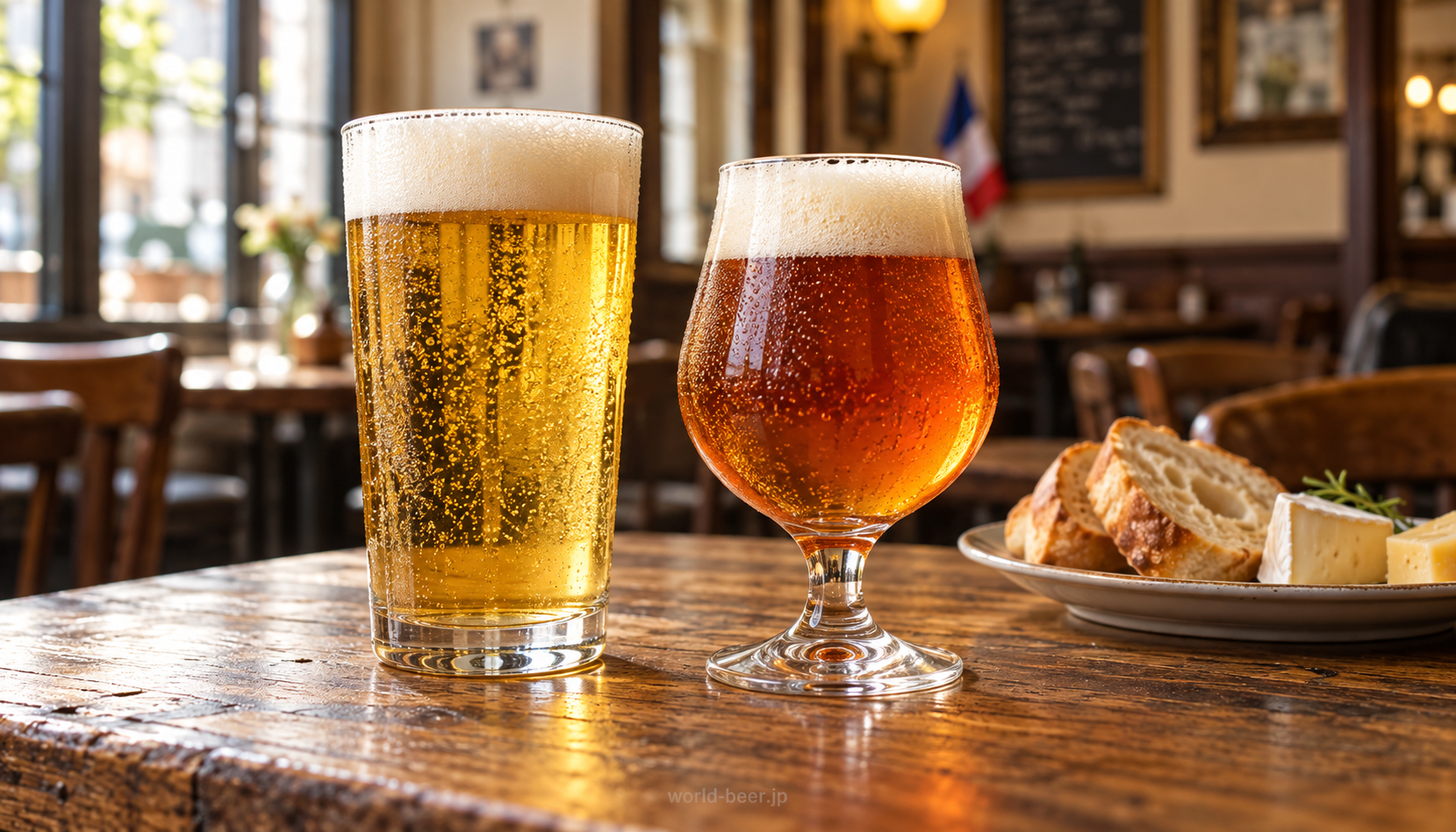 フランスのブラッスリーをイメージした2杯のビールとバゲット・チーズ（AI生成画像）