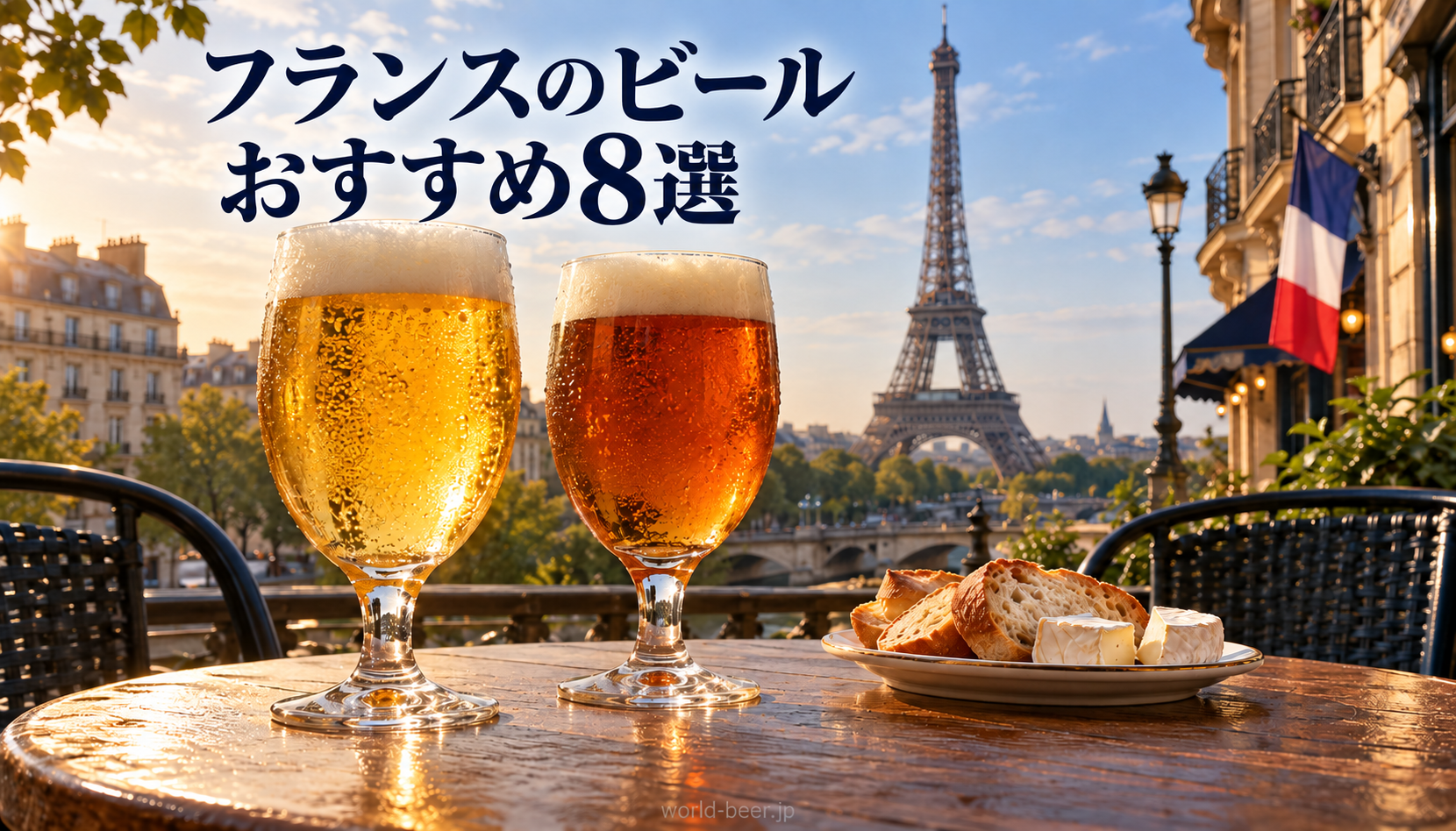 エッフェル塔とフランス国旗が見えるカフェのテーブルに並ぶ2杯のビール(AI生成イメージ)