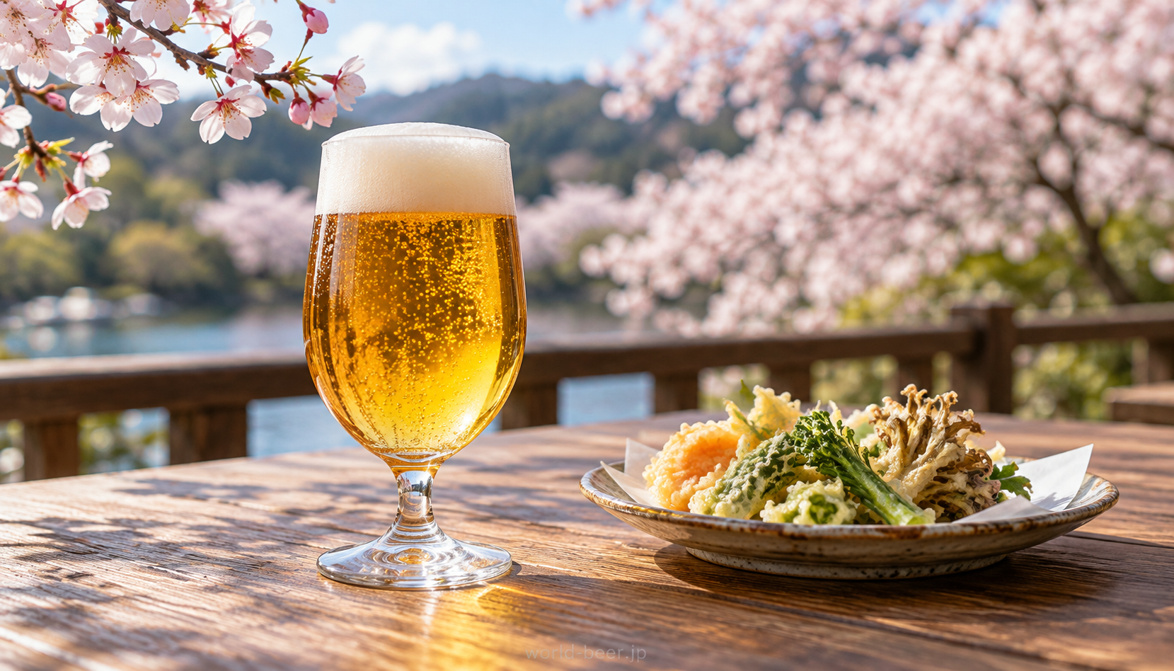 桜を背景に、木のテーブルに置いたビールグラスと天ぷらのAI生成イメージ