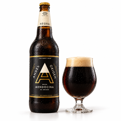 アンデス・オリヘン ネグラのラベル付き瓶とビールを注いだグラス