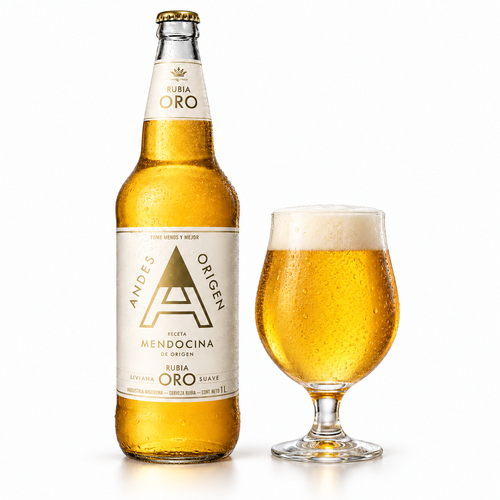アンデス・オリヘン オロのラベル付き瓶とビールを注いだグラス