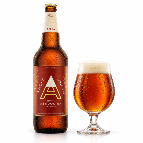 アンデス・オリヘン ロハのラベル付き瓶とビールを注いだグラス