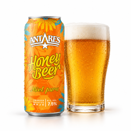 アンタレス ハニー・ビアのラベル付き缶とビールを注いだグラス
