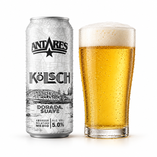 アンタレス ケルシュのラベル付き缶とビールを注いだグラス