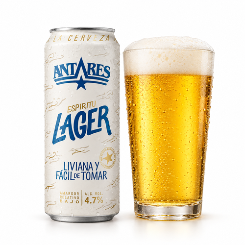アンタレス エスピリトゥ・ラガーのラベル付き缶とビールを注いだグラス