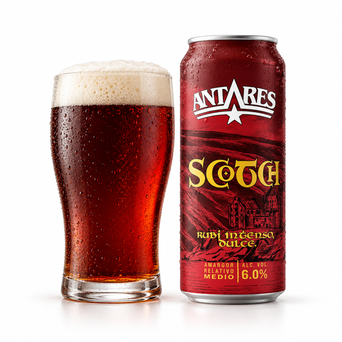 アンタレス スコッチのラベル付き缶とビールを注いだグラス