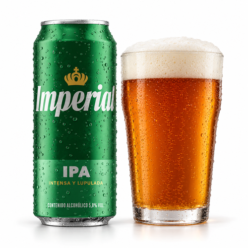 インペリアル IPAのラベル付き缶とビールを注いだグラス