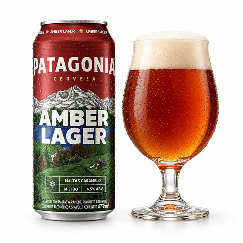 パタゴニア アンバーラガーのラベル付き缶とビールを注いだグラス