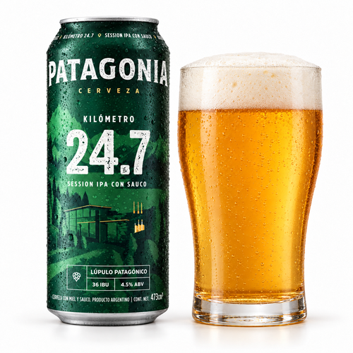 パタゴニア キロメトロ24.7のラベル付き缶とビールを注いだグラス