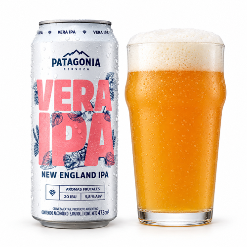 パタゴニア ベラIPAのラベル付き缶とビールを注いだグラス