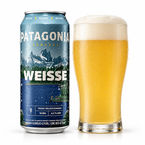 パタゴニア ヴァイセのラベル付き缶とビールを注いだグラス