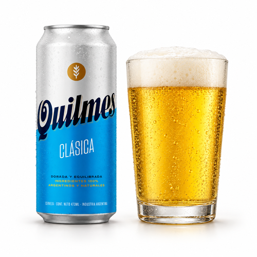 キルメス クラシカのラベル付き缶とビールを注いだグラス