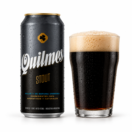 キルメス スタウトのラベル付き缶とビールを注いだグラス