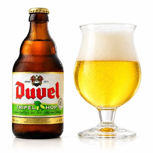 デュベル・トリプルホップのラベル付きボトル全体とグラスに注いだビール