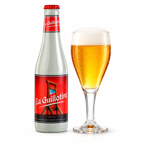 ギロチンのラベル付きボトル全体とグラスに注いだビール
