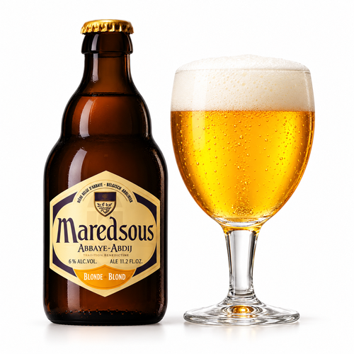 マレッツ・ブロンドのラベル付きボトル全体とグラスに注いだビール