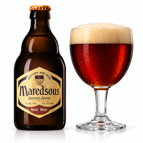 マレッツ・ブラウンのラベル付きボトル全体とグラスに注いだビール